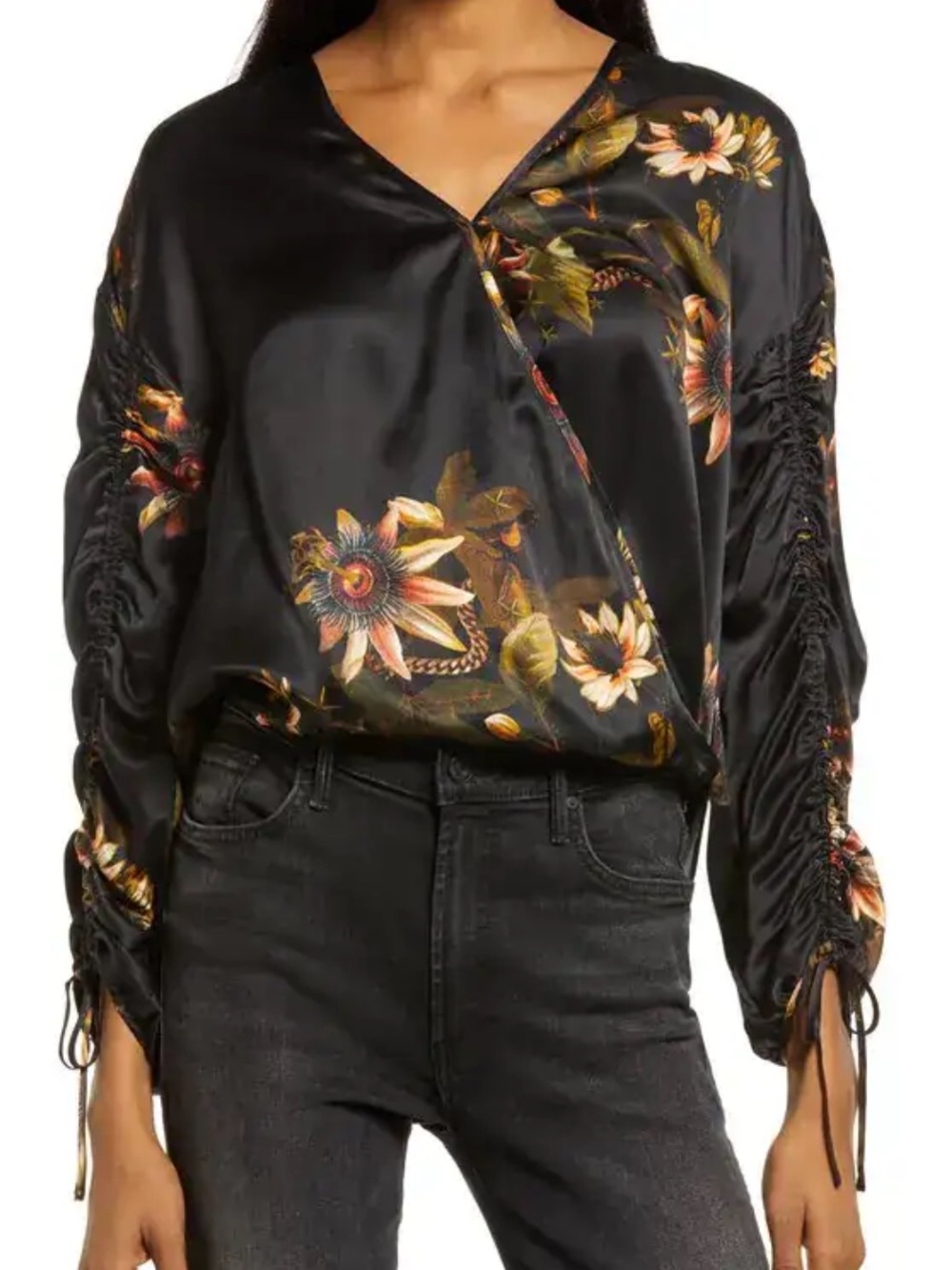 AllSaints Black Satin Floral Ruched-Sleeve Wrap Top